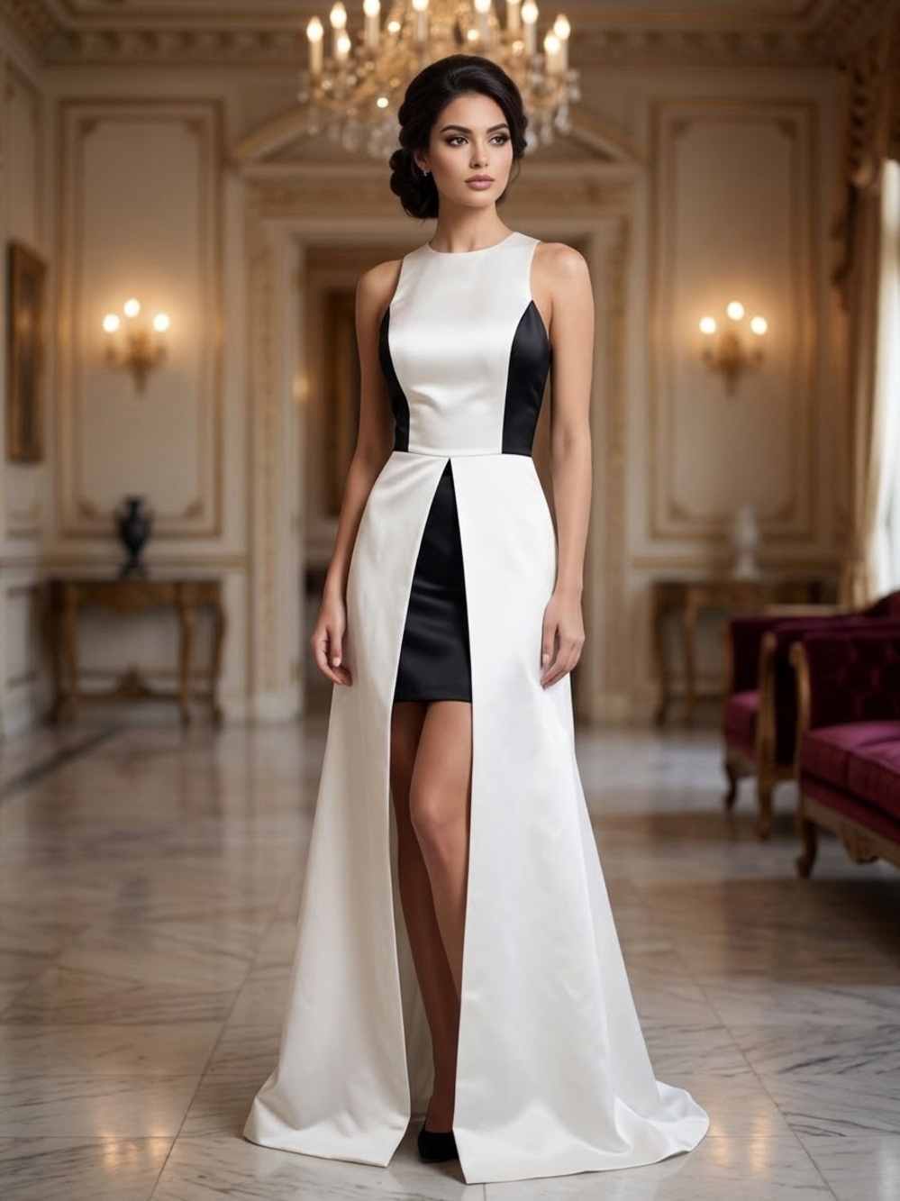 White/Black Colorblock Halter Neck Sleeveless Satin Lined Long Gown Dress size 4